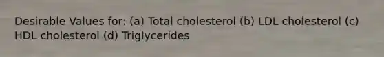 Desirable Values for: (a) Total cholesterol (b) LDL cholesterol (c) HDL cholesterol (d) Triglycerides