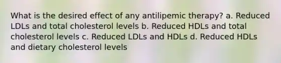 What is the desired effect of any antilipemic therapy? a. Reduced LDLs and total cholesterol levels b. Reduced HDLs and total cholesterol levels c. Reduced LDLs and HDLs d. Reduced HDLs and dietary cholesterol levels