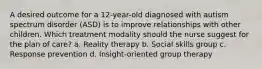 A desired outcome for a 12-year-old diagnosed with autism spectrum disorder (ASD) is to improve relationships with other children. Which treatment modality should the nurse suggest for the plan of care? a. Reality therapy b. Social skills group c. Response prevention d. Insight-oriented group therapy