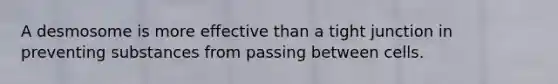 A desmosome is more effective than a tight junction in preventing substances from passing between cells.