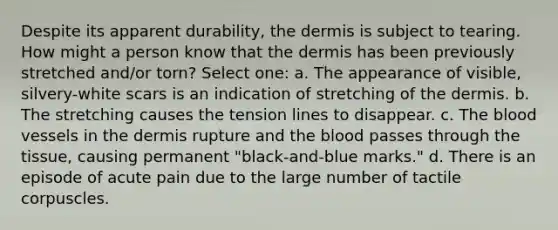 Despite its apparent durability, the dermis is subject to tearing. How might a person know that the dermis has been previously stretched and/or torn? Select one: a. The appearance of visible, silvery-white scars is an indication of stretching of the dermis. b. The stretching causes the tension lines to disappear. c. The blood vessels in the dermis rupture and the blood passes through the tissue, causing permanent "black-and-blue marks." d. There is an episode of acute pain due to the large number of tactile corpuscles.