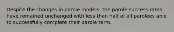 Despite the changes in parole models, the parole success rates have remained unchanged with less than half of all parolees able to successfully complete their parole term.