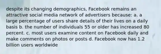 despite its changing demographics, Facebook remains an attractive social media network of advertisers because: a. a large percentage of users share details of their lives on a daily basis b. the number of individuals 55 or older has increased 80 percent. c. most users examine content on Facebook daily and make comments on photos or posts d. Facebook now has 1.2 billion users worldwide