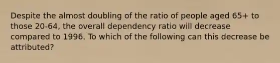 Despite the almost doubling of the ratio of people aged 65+ to those 20-64, the overall dependency ratio will decrease compared to 1996. To which of the following can this decrease be attributed?