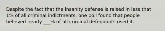 Despite the fact that the insanity defense is raised in less that 1% of all criminal indictments, one poll found that people believed nearly ___% of all criminal defendants used it.