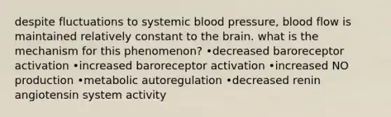 despite fluctuations to systemic blood pressure, blood flow is maintained relatively constant to the brain. what is the mechanism for this phenomenon? •decreased baroreceptor activation •increased baroreceptor activation •increased NO production •metabolic autoregulation •decreased renin angiotensin system activity