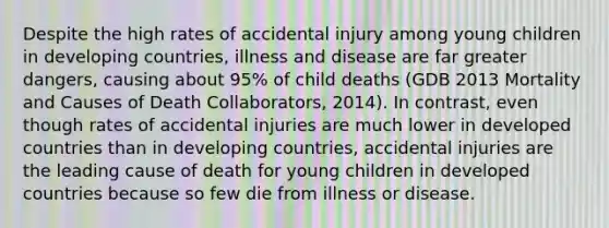 Despite the high rates of accidental injury among young children in developing countries, illness and disease are far greater dangers, causing about 95% of child deaths (GDB 2013 Mortality and Causes of Death Collaborators, 2014). In contrast, even though rates of accidental injuries are much lower in developed countries than in developing countries, accidental injuries are the leading cause of death for young children in developed countries because so few die from illness or disease.