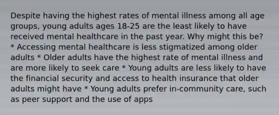 Despite having the highest rates of mental illness among all age groups, young adults ages 18-25 are the least likely to have received mental healthcare in the past year. Why might this be? * Accessing mental healthcare is less stigmatized among older adults * Older adults have the highest rate of mental illness and are more likely to seek care * Young adults are less likely to have the financial security and access to health insurance that older adults might have * Young adults prefer in-community care, such as peer support and the use of apps