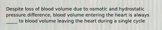 Despite loss of blood volume due to osmotic and hydrostatic pressure difference, blood volume entering the heart is always _____ to blood volume leaving the heart during a single cycle