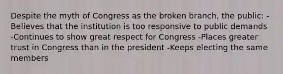 Despite the myth of Congress as the broken branch, the public: -Believes that the institution is too responsive to public demands -Continues to show great respect for Congress -Places greater trust in Congress than in the president -Keeps electing the same members