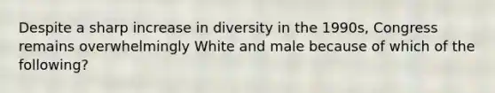 Despite a sharp increase in diversity in the 1990s, Congress remains overwhelmingly White and male because of which of the following?