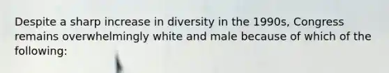 Despite a sharp increase in diversity in the 1990s, Congress remains overwhelmingly white and male because of which of the following: