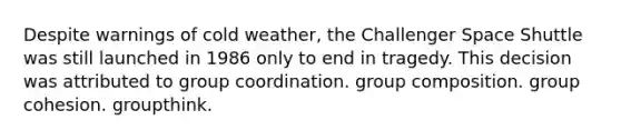 Despite warnings of cold weather, the Challenger Space Shuttle was still launched in 1986 only to end in tragedy. This decision was attributed to group coordination. group composition. group cohesion. groupthink.