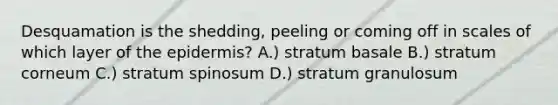 Desquamation is the shedding, peeling or coming off in scales of which layer of the epidermis? A.) stratum basale B.) stratum corneum C.) stratum spinosum D.) stratum granulosum