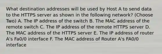 What destination addresses will be used by Host A to send data to the HTTPS server as shown in the following network? (Choose Two) A. The IP address of the switch B. The MAC address of the remote switch C. The IP address of the remote HTTPS server D. The MAC address of the HTTPS server E. The IP address of router A's Fa0/0 interface F. The MAC address of Router A's FA0/0 interface