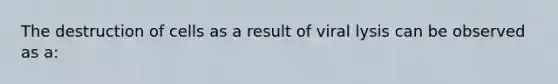 The destruction of cells as a result of viral lysis can be observed as a: