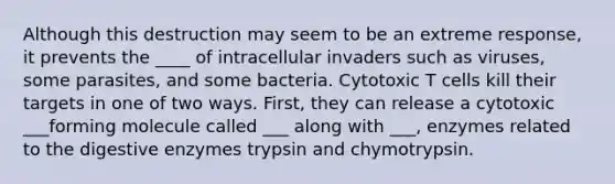 Although this destruction may seem to be an extreme response, it prevents the ____ of intracellular invaders such as viruses, some parasites, and some bacteria. Cytotoxic T cells kill their targets in one of two ways. First, they can release a cytotoxic ___forming molecule called ___ along with ___, enzymes related to the <a href='https://www.questionai.com/knowledge/kK14poSlmL-digestive-enzymes' class='anchor-knowledge'>digestive enzymes</a> trypsin and chymotrypsin.