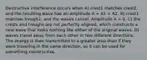 Destructive interference occurs when A) crest1 matches crest2, and the resulting wave has an amplitude A = A1 + A2. B) crest1 matches trough2, and the waves cancel. Amplitude A = 0. C) the crests and troughs are not perfectly aligned, which constructs a new wave that looks nothing like either of the original waves. D) waves travel away from each other in two different directions. The energy is then transmitted to a greater area than if they were traveling in the same direction, so it can be used for something constructive.