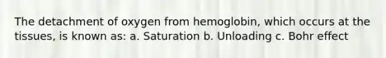 The detachment of oxygen from hemoglobin, which occurs at the tissues, is known as: a. Saturation b. Unloading c. Bohr effect