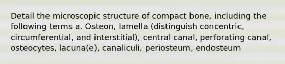 Detail the microscopic structure of compact bone, including the following terms a. Osteon, lamella (distinguish concentric, circumferential, and interstitial), central canal, perforating canal, osteocytes, lacuna(e), canaliculi, periosteum, endosteum