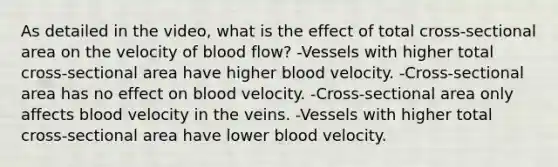 As detailed in the video, what is the effect of total cross-sectional area on the velocity of blood flow? -Vessels with higher total cross-sectional area have higher blood velocity. -Cross-sectional area has no effect on blood velocity. -Cross-sectional area only affects blood velocity in the veins. -Vessels with higher total cross-sectional area have lower blood velocity.