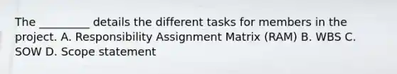 The _________ details the different tasks for members in the project. A. Responsibility Assignment Matrix (RAM) B. WBS C. SOW D. Scope statement