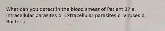 What can you detect in the blood smear of Patient 1? a. Intracellular parasites b. Extracellular parasites c. Viruses d. Bacteria