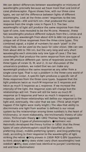 We can detect differences between wavelengths or mixtures of wavelengths precisely because we have more than one kind of cone photoreceptor. Figure shows how, with our three cone types, we can tell the difference between lights of different wavelengths. Look at the three cones' responses to the two wave- lengths—450 and 625 nm—that produced the same response from the single cone in Figure 5.3. The two wavelengths of light still produce the same response from that type of cone, now revealed to be the M-cone. However, these two wavelengths produce different outputs from the L-cones and S-cones. any wavelength from about 420 to 660 nm produces a unique set of three responses from the three cone types. This combined signal, a triplet of numbers for each "pixel" in the visual field, can be used as the basis for color vision. (We can see from about 400 to 700 nm, but the very long and very short wavelengths each stimulate only one type of cone.) The two wavelengths that produce the same response from one type of cone (M) produce different pat- terns of responses across the three types of cones (S, M, and L). In our discussion of the univariance problem, we noted that we can make any wavelength produce the same response as any other from a single cone type. That is not a problem in the three-cone world of human color vision. A specific light produces a specific set of three responses from the three cone types. Suppose that the light produces twice as much M response as S response and twice as much S response as L response. If we increase the intensity of the light, the response sizes will change but the relationships will not. There will still be twice as much M response as S response and twice as much S response as L response, and those relationships will define our response to the light and, eventually, the color that we see. (Think what might happen if the lights were really bright.) The idea that ability to discriminate one light from another is defined in our visual system by the relationships among three numbers is the heart of trichromacy, or more elaborately, the trichromatic theory of color vision. Trichromatic theory ●In 1802 Thomas Young suggested vision due to 3 types of photoreceptors. ●Hermann von Helmholtz developed the theory further in 1850: that the three types of cone photoreceptors could be classified as short-preferring (blue), middle-preferring (green), and long-preferring (red), according to their response to the wavelengths of light striking the retina. ●Only proven in 1959! ROY G BIV (questions to think about) ●Why does violet (very short wavelengths) look reddish? ●Why does violet look identical to purple? (combining red and blue illumination)