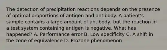 The detection of precipitation reactions depends on the presence of optimal proportions of antigen and antibody. A patient's sample contains a large amount of antibody, but the reaction in a test system containing antigen is negative. What has happened? A. Performance error B. Low specificity C. A shift in the zone of equivalence D. Prozone phenomenon