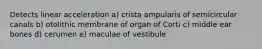 Detects linear acceleration a) crista ampularis of semicircular canals b) otolithic membrane of organ of Corti c) middle ear bones d) cerumen e) maculae of vestibule