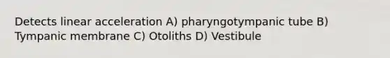 Detects linear acceleration A) pharyngotympanic tube B) Tympanic membrane C) Otoliths D) Vestibule