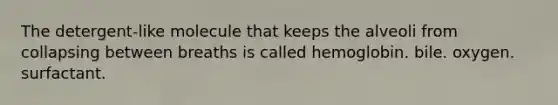 The detergent-like molecule that keeps the alveoli from collapsing between breaths is called hemoglobin. bile. oxygen. surfactant.