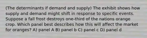 (The determinants if demand and supply) The exhibit shows how supply and demand might shift in response to specific events. Suppose a fall frost destroys one-third of the nations orange crop. Which panel best describes how this will affect the market for oranges? A) panel A B) panel b C) panel c D) panel d