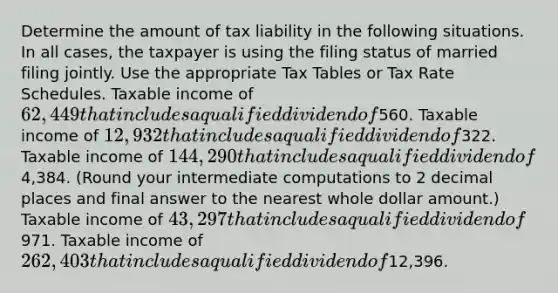 Determine the amount of tax liability in the following situations. In all cases, the taxpayer is using the filing status of married filing jointly. Use the appropriate Tax Tables or Tax Rate Schedules. Taxable income of 62,449 that includes a qualified dividend of560. Taxable income of 12,932 that includes a qualified dividend of322. Taxable income of 144,290 that includes a qualified dividend of4,384. (Round your intermediate computations to 2 decimal places and final answer to the nearest whole dollar amount.) Taxable income of 43,297 that includes a qualified dividend of971. Taxable income of 262,403 that includes a qualified dividend of12,396.