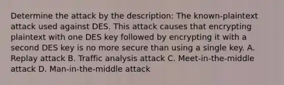 Determine the attack by the description: The known-plaintext attack used against DES. This attack causes that encrypting plaintext with one DES key followed by encrypting it with a second DES key is no more secure than using a single key. A. Replay attack B. Traffic analysis attack C. Meet-in-the-middle attack D. Man-in-the-middle attack