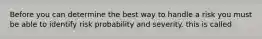 Before you can determine the best way to handle a risk you must be able to identify risk probability and severity. this is called