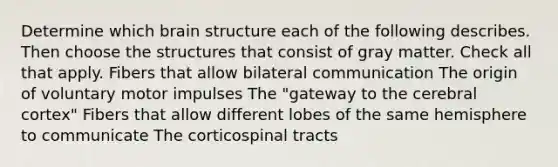 Determine which brain structure each of the following describes. Then choose the structures that consist of gray matter. Check all that apply. Fibers that allow bilateral communication The origin of voluntary motor impulses The "gateway to the cerebral cortex" Fibers that allow different lobes of the same hemisphere to communicate The corticospinal tracts