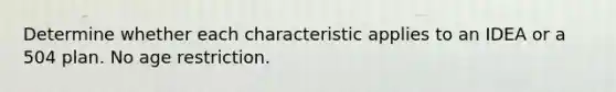 Determine whether each characteristic applies to an IDEA or a 504 plan. No age restriction.