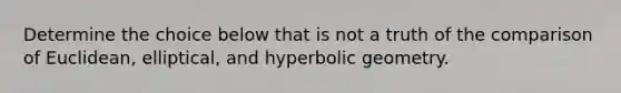 Determine the choice below that is not a truth of the comparison of Euclidean, elliptical, and hyperbolic geometry.