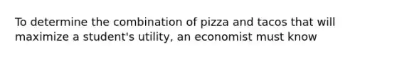 To determine the combination of pizza and tacos that will maximize a student's utility, an economist must know