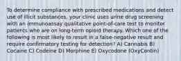 To determine compliance with prescribed medications and detect use of illicit substances, your clinic uses urine drug screening with an immunoassay qualitative point-of-care test to monitor patients who are on long-term opioid therapy. Which one of the following is most likely to result in a false-negative result and require confirmatory testing for detection? A) Cannabis B) Cocaine C) Codeine D) Morphine E) Oxycodone (OxyContin)