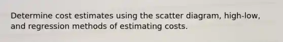 Determine cost estimates using the scatter diagram, high-low, and regression methods of estimating costs.