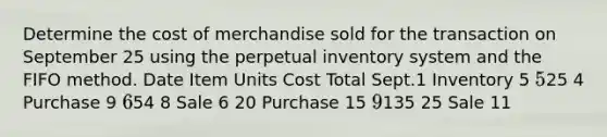 Determine the cost of merchandise sold for the transaction on September 25 using the perpetual inventory system and the FIFO method. Date Item Units Cost Total Sept.1 Inventory 5 525 4 Purchase 9 654 8 Sale 6 20 Purchase 15 9135 25 Sale 11