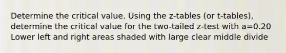 Determine the critical value. Using the z-tables (or t-tables), determine the critical value for the two-tailed z-test with a=0.20 Lower left and right areas shaded with large clear middle divide