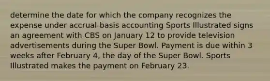 determine the date for which the company recognizes the expense under accrual-basis accounting Sports Illustrated signs an agreement with CBS on January 12 to provide television advertisements during the Super Bowl. Payment is due within 3 weeks after February 4, the day of the Super Bowl. Sports Illustrated makes the payment on February 23.