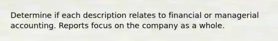 Determine if each description relates to financial or managerial accounting. Reports focus on the company as a whole.