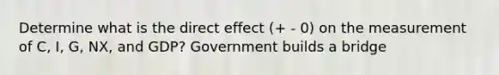 Determine what is the direct effect (+ - 0) on the measurement of C, I, G, NX, and GDP? Government builds a bridge