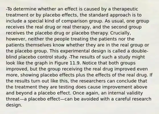 -To determine whether an effect is caused by a therapeutic treatment or by placebo effects, the standard approach is to include a special kind of comparison group. As usual, one group receives the real drug or real therapy, and the second group receives the placebo drug or placebo therapy. Crucially, however, neither the people treating the patients nor the patients themselves know whether they are in the real group or the placebo group. This experimental design is called a double-blind placebo control study. -The results of such a study might look like the graph in Figure 11.9. Notice that both groups improved, but the group receiving the real drug improved even more, showing placebo effects plus the effects of the real drug. If the results turn out like this, the researchers can conclude that the treatment they are testing does cause improvement above and beyond a placebo effect. Once again, an internal validity threat—a placebo effect—can be avoided with a careful research design.