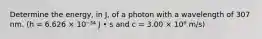 Determine the energy, in J, of a photon with a wavelength of 307 nm. (h = 6.626 × 10⁻³⁴ J • s and c = 3.00 × 10⁸ m/s)