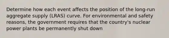 Determine how each event affects the position of the long-run aggregate supply (LRAS) curve. For environmental and safety reasons, the government requires that the country's nuclear power plants be permanently shut down